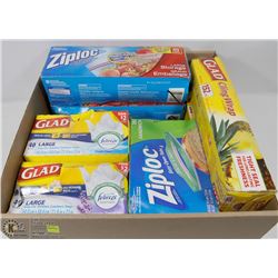 FLAT OF ASSORTED GARBAGE BAGS AND ZIPLOC BAGS