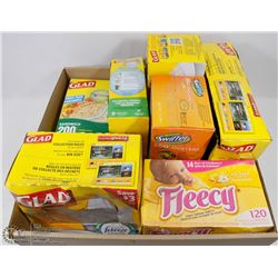 BOX OF ASSORTED HOME ITEMS INCLUDING GARBAGE BAGS
