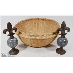 PAIR OF CAST IRON & MARBLE "FLEUR DE LE" ORNAMENTS