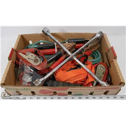 FLAT WITH 5 STRAPS, TIRE IRON, SCRAPER & BOOSTER