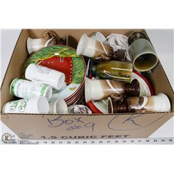 ESTATE BOX OF CUPS, TINS, PLATES AND MORE