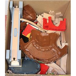 WOODEN TRAIN SET WITH TRACKS, TRAINS AND BUILDINGS