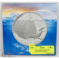 RCM 2013 CANADIAN $20 FINE SILVER .9999 COIN WHALE