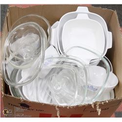 BOX OF CASSEROLE AND OTHER COOKWARE
