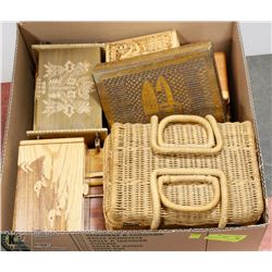 BOX OF WOOD CONTAINERS AND BASKETS