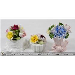 COLLECTION OF 3 BONE CHINA FLORAL ORNAMENTS