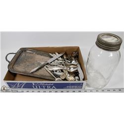 ANTIQUE GEM JAR WITH SILVER PLATED CUTLERY &