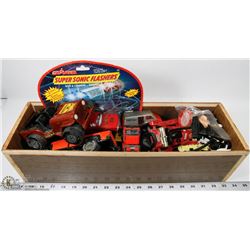 WOODEN BOX WITH TONKA TRUCKS & OTHER TOY CARS