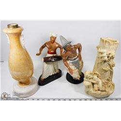 BOX WITH 4 LARGE VASES, CLEAR, 2 GREEN, 1 POTTERY