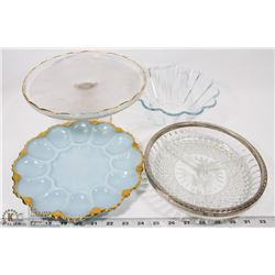 BOX OF BLUE VINTAGE DEVILED EGG PLATE, CRYSTAL CAKE