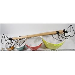 4 VARIOUS SIZE KITCHEN BOWLS WITH IRON AND WOOD