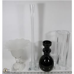 BOX WITH LARGE FROSTED CANDLE HOLDER, TALL VASE,