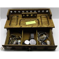 MEN'S WOOD JEWELLERY BOX W/CONTENTS