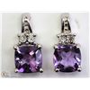 Image 1 : 8) STERLING SILVER AMETHYST & DIAMOND EARRINGS
