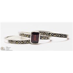 14) STERLING SILVER GARNET AND MARCASITE RING
