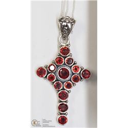 16) STERLING SILVER GARNET CROSS PENDANT W/ CHAIN