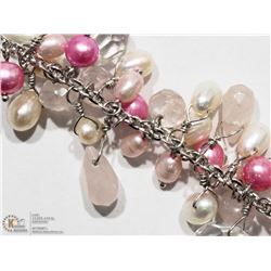 22) STERLING SILVER PEARL & ROSE QUARTZ BRACELET