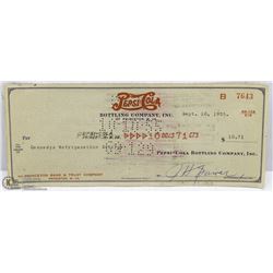 PEPSI COLA CASHIER CHEQUE VINTAGE 1955 FROM