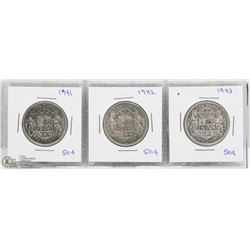 SET OF 3 CANADIAN 50 CENTS 1941, 1942, 1943.