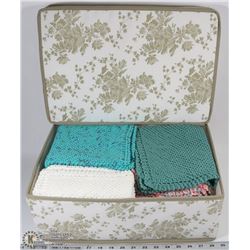 STORAGE BOX FULL OF CROCHETED DISH CLOTHS