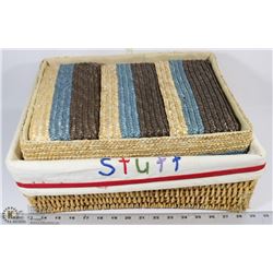 LOT OF 5 WICKER ORGANISING BASKETS