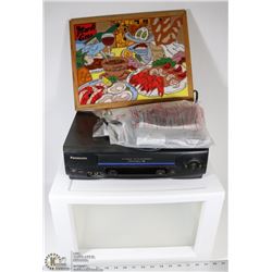 STORAGE BIN /W VCR, ASSORTED REMOTES AND MARDI