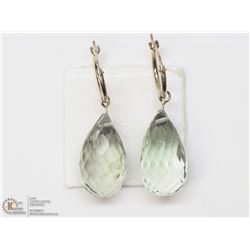47) 10K GOLD GREEN AMETHYST DROP HOOP EARRINGS