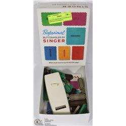 VINTAGE SINGER BUTTON HOLER IN BOX W/ATTACHMENTS.