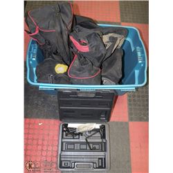 LARGE BLUE BIN FULL OF TOOL BAGS -