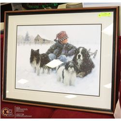 LARGE FRAMED PICTURE OF BOY AND DOGS IN SNOW