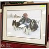 Image 1 : LARGE FRAMED PICTURE OF BOY AND DOGS IN SNOW