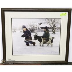 FRAMED PICTURE OF CHILDREN & GOAT IN SNOW 24X28