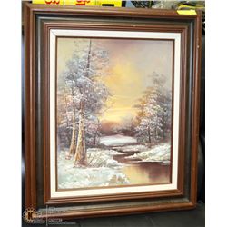 MATTED FRAMED PAINTING WINTER RIVER SCENE 24X29.