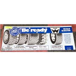 VINTAGE WESTERN TIRE BUS ADVERTISING SIGN.