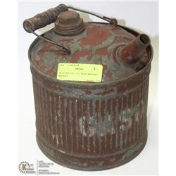 VINTAGE GAS CAN WITH WOODEN HANDLE.