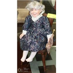 VINTAGE ESTATE DOLL WITH WOOD CHAIR