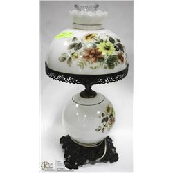 VINTAGE MILK GLASS HURRICANE LAMP WITH ORANGE &