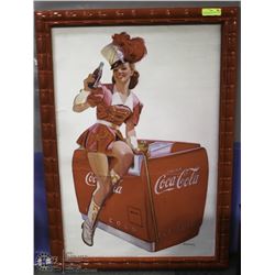 COCA COLA GIRL ON COKE COOLER IN RED FRAME 28X41