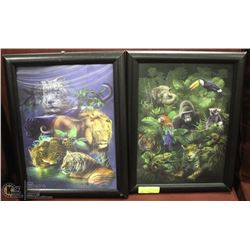 SET OF TWO 3D JUNGLE ANIMAL FRAMED PICTURES.
