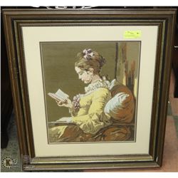 ESTATE LARGE FRAMED CROSS-STITCH "WOMAN READING"