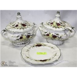 VINTAGE SOUP TUREENS WITH LADEL AND PLATTER.