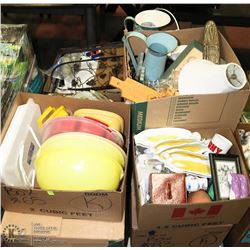 PALLET WITH ESTATE DISHES,TUPPERWARE, VASES