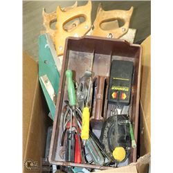 BOX WITH HANDSAWS AND ASSORTED TOOLS