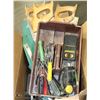 BOX WITH HANDSAWS AND ASSORTED TOOLS