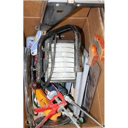 BOX WITH ASSORTED TOOLS, HALOGEN LIGHT, CAULKING