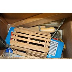 BOX OF ASSORTED HAND TOOLS AND MINI LOBSTER TRAP
