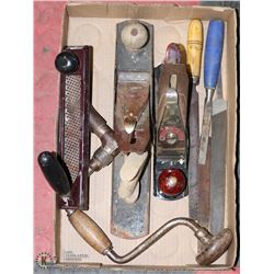 LOT OF VINTAGE TOOLS, PLANERS, RASP, HAND DRILL