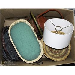 BOX OF BASKETS AND LAMP SHADES