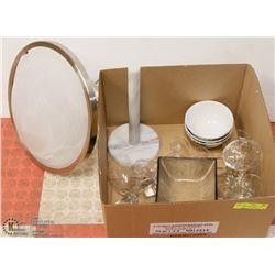 LARGE LOT WITH CHANDELIER, GLASSES, AND MARBLE