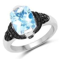 STERLING SILVER BLUE SWISS TOPAZ AND BLACK DIAMOND RING